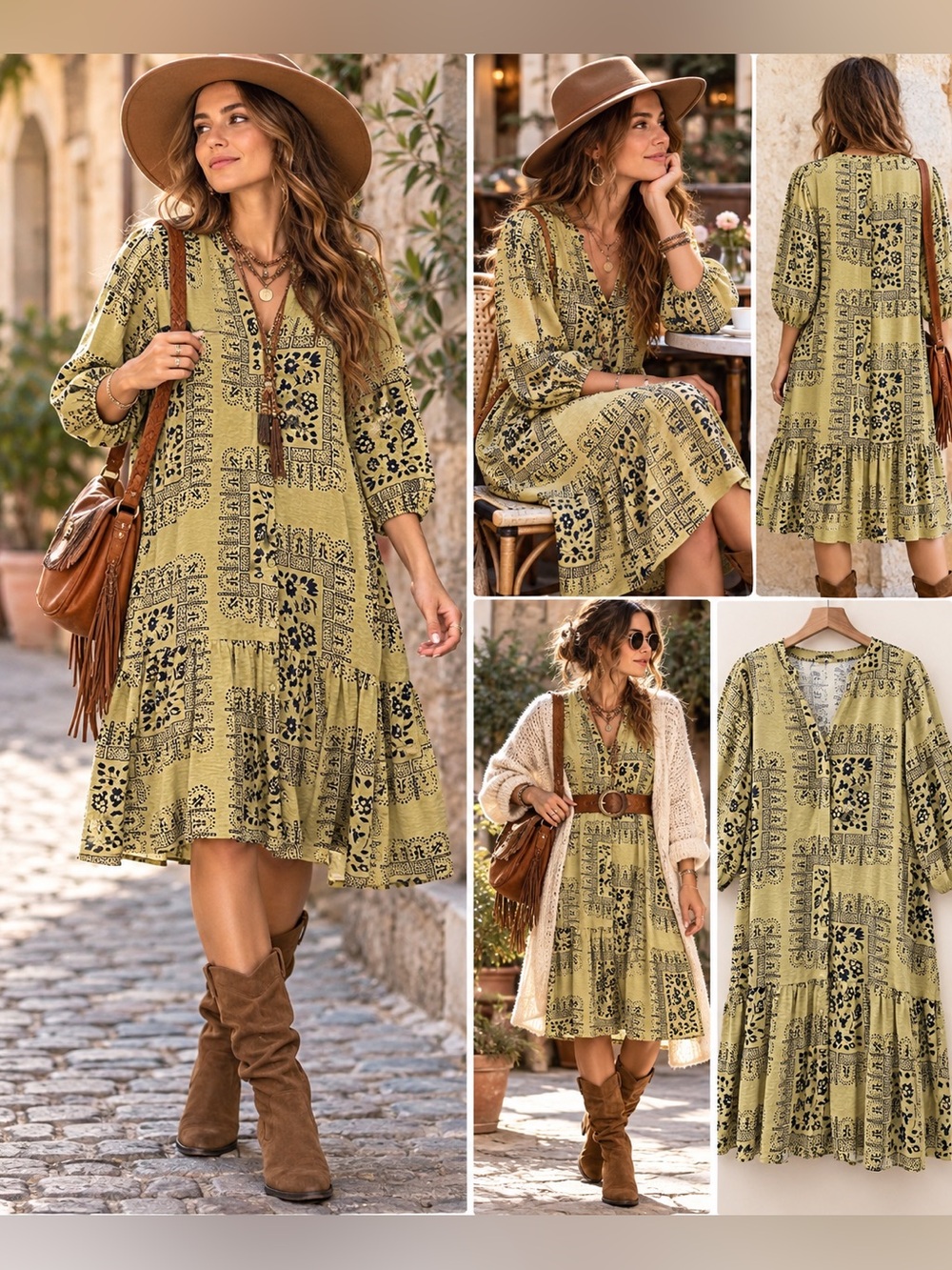 Vero Moda Olive Green Printed Tiered Midi Dress